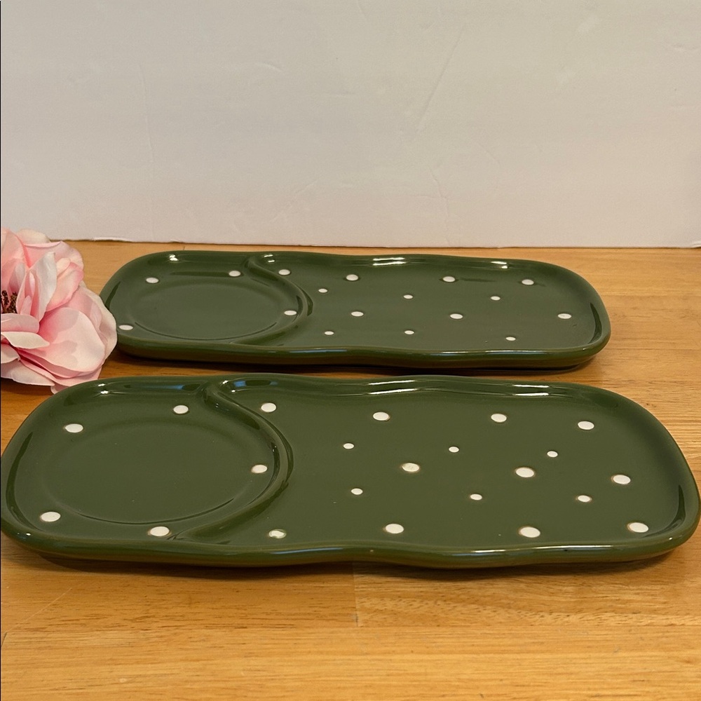 Temptations By Tara Green With White Polka Dots Luncheon Ceramic Plates Set Of 2